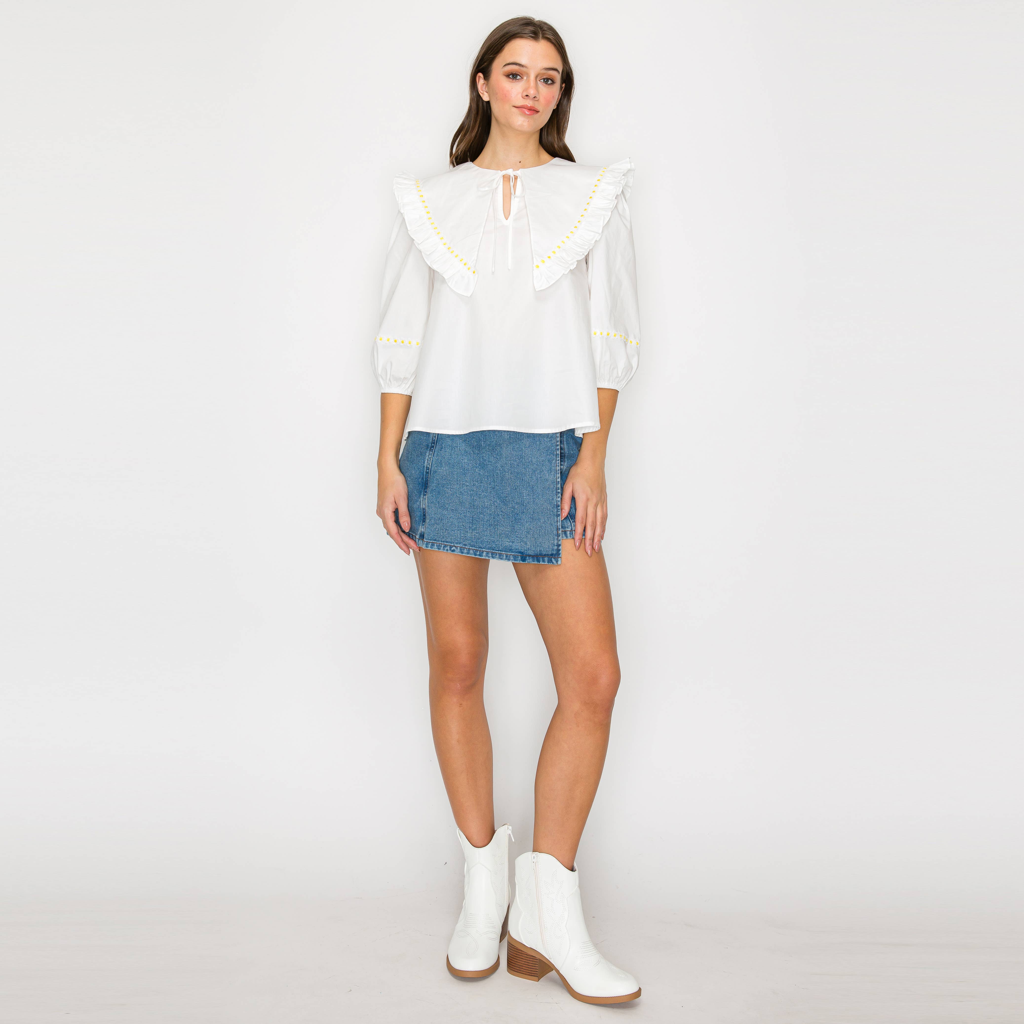 Big Collar Blouse with Yellow Daisy Trim