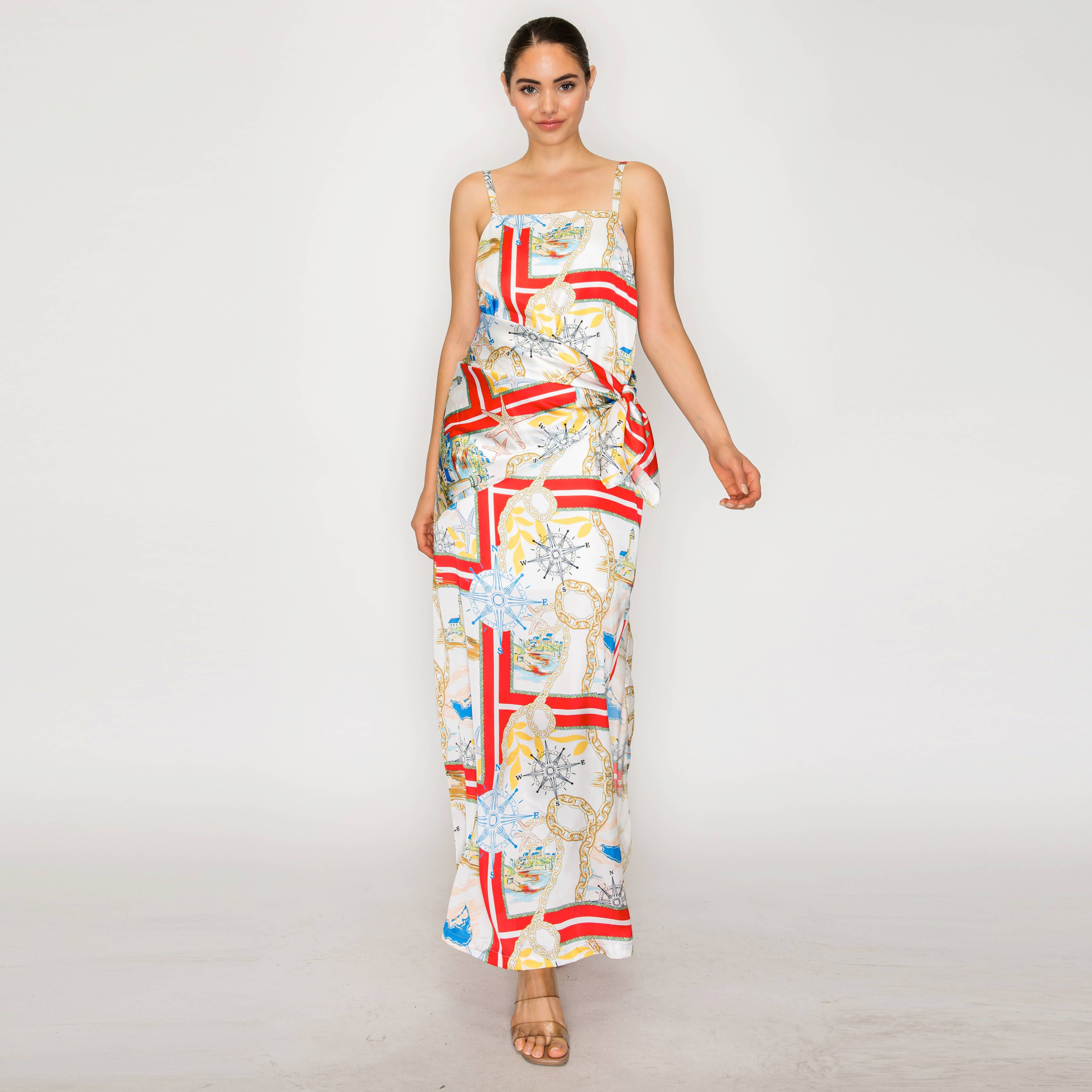 ATLANTIC BREEZE RED Satin Scarf Midi Dress