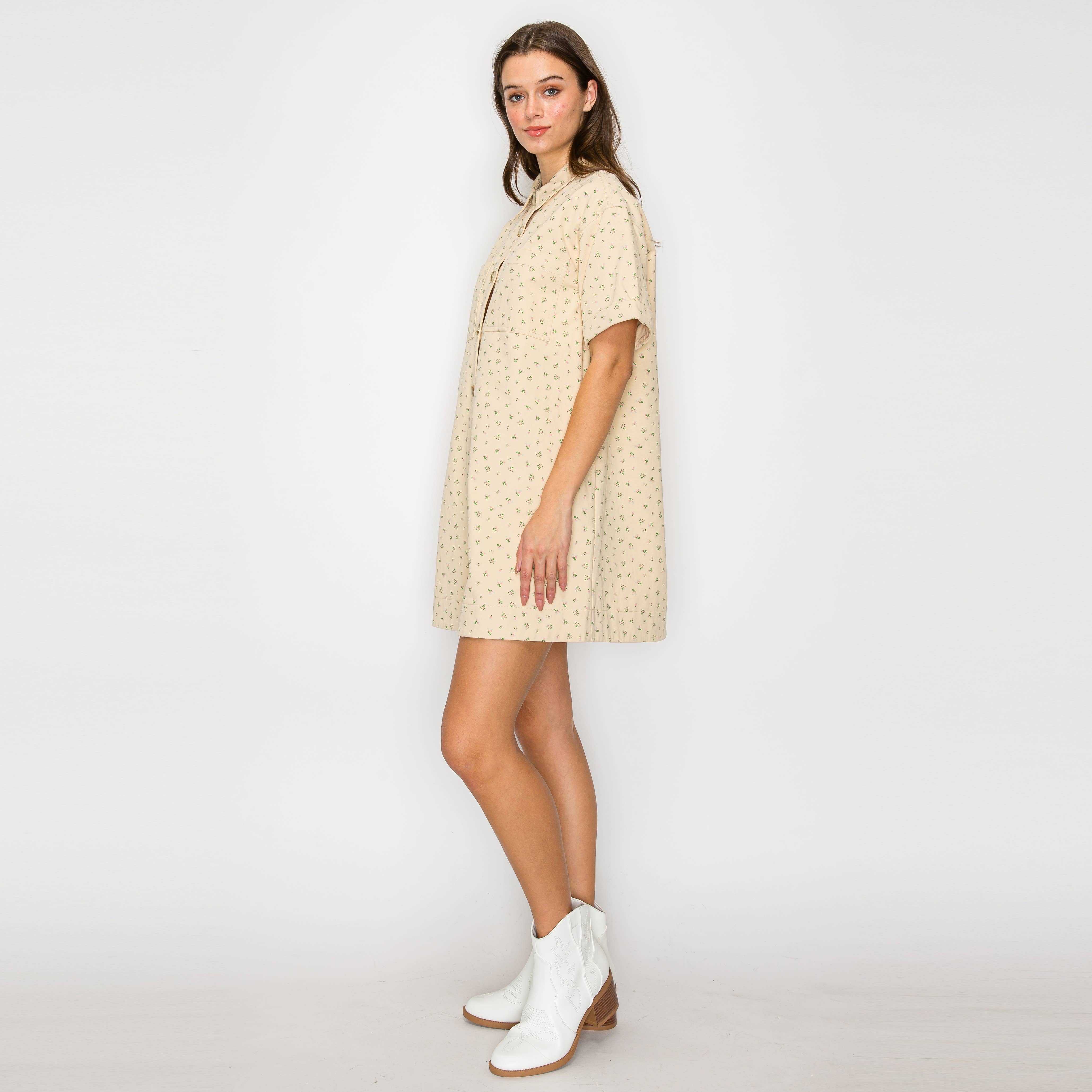 Little Wild Flower Print Twill Shirts Mini Dress