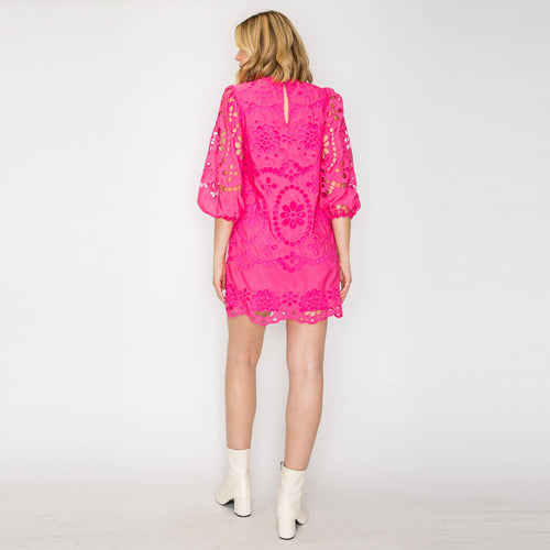 Dragonfruit Pink Daisy Eyelet Mini Dress
