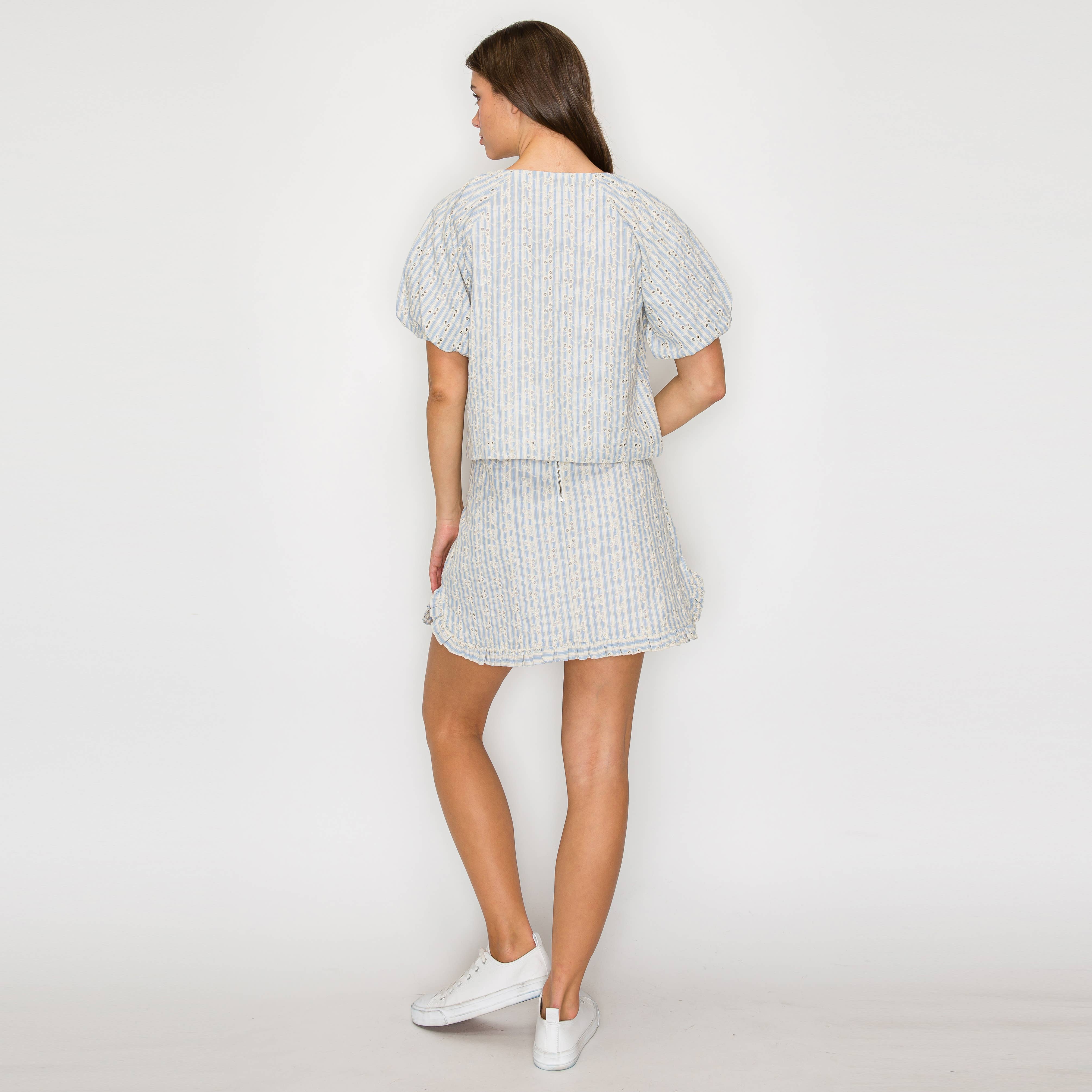 Soft Blue Stripe w/ Embroidery Mini Skirt w/ Ruffle- LWK1190