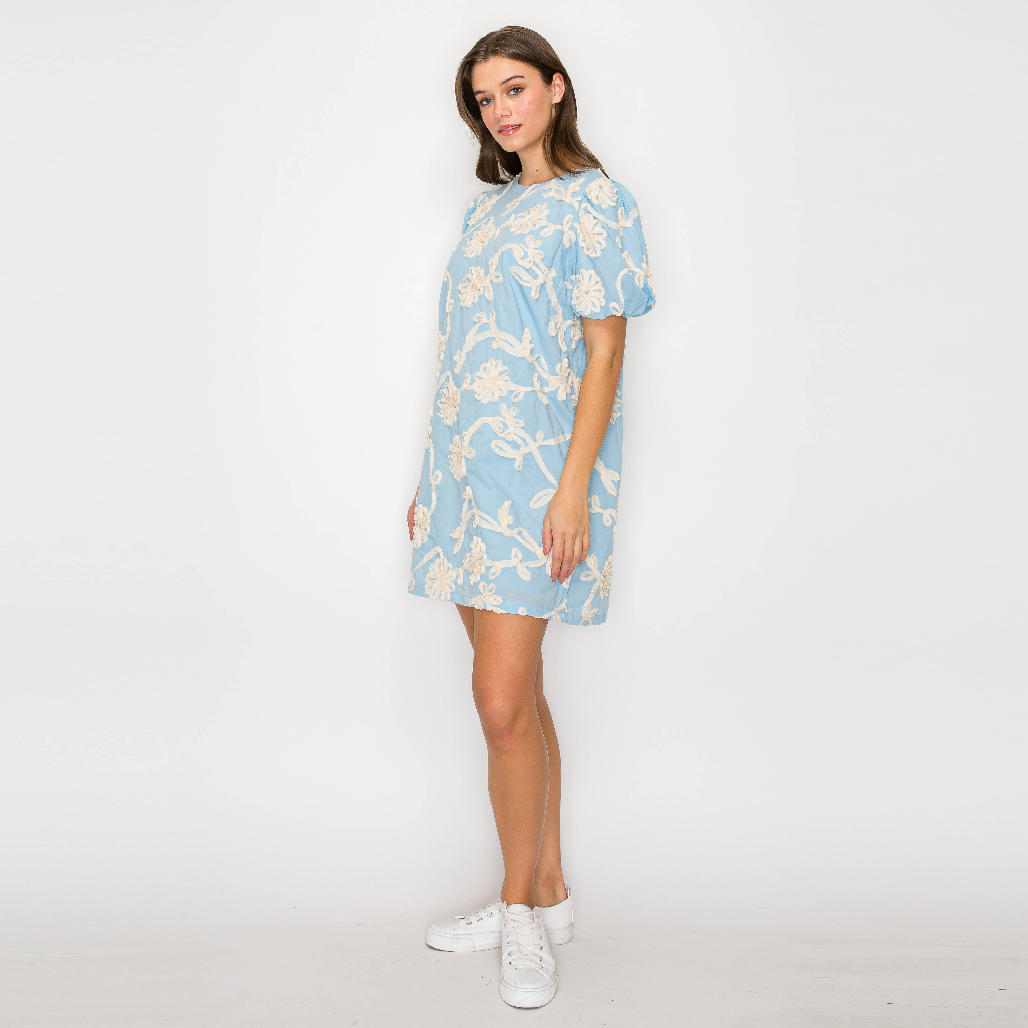 Baby Blue with White Rosette Detail Mini Dress