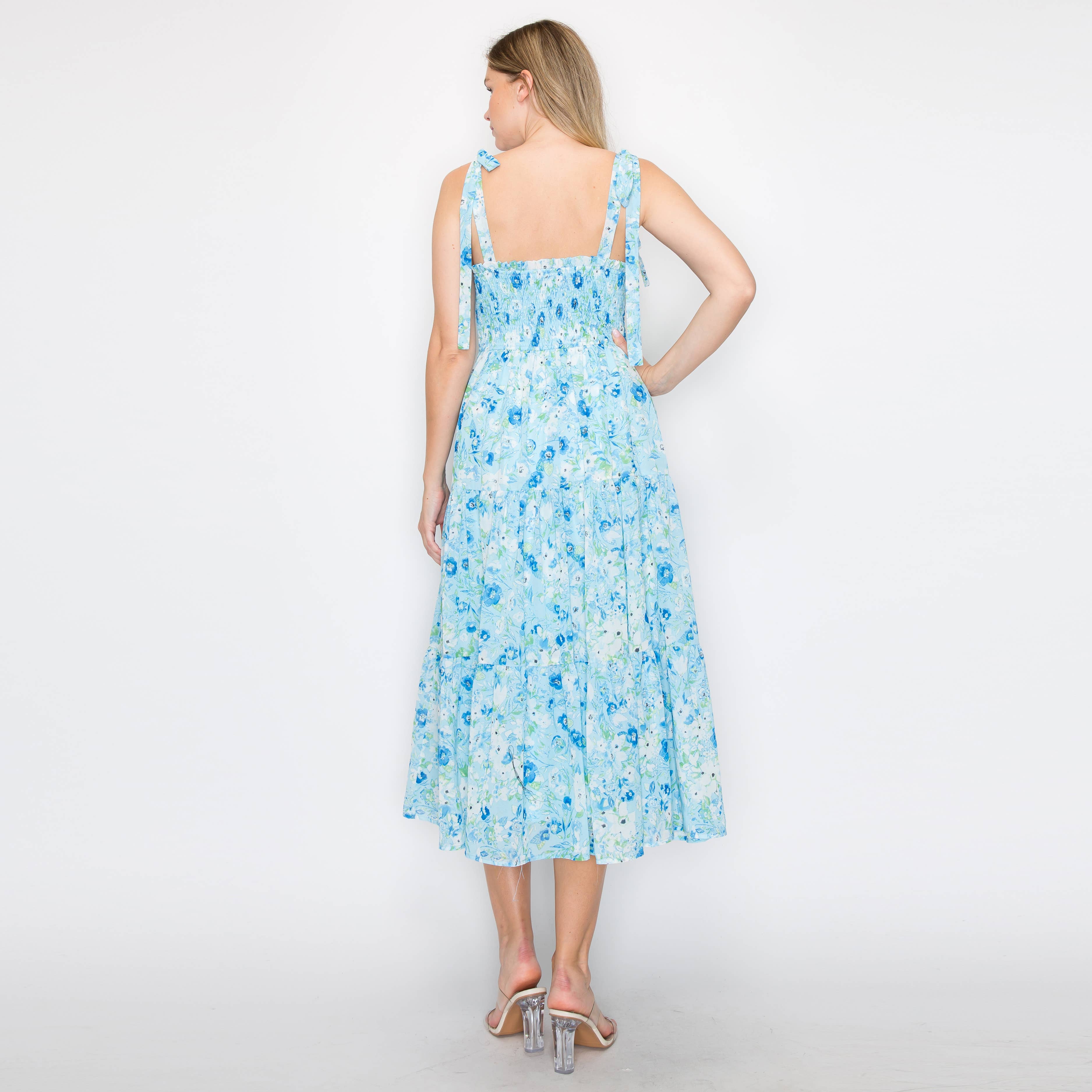 Print smocking cami midi dress