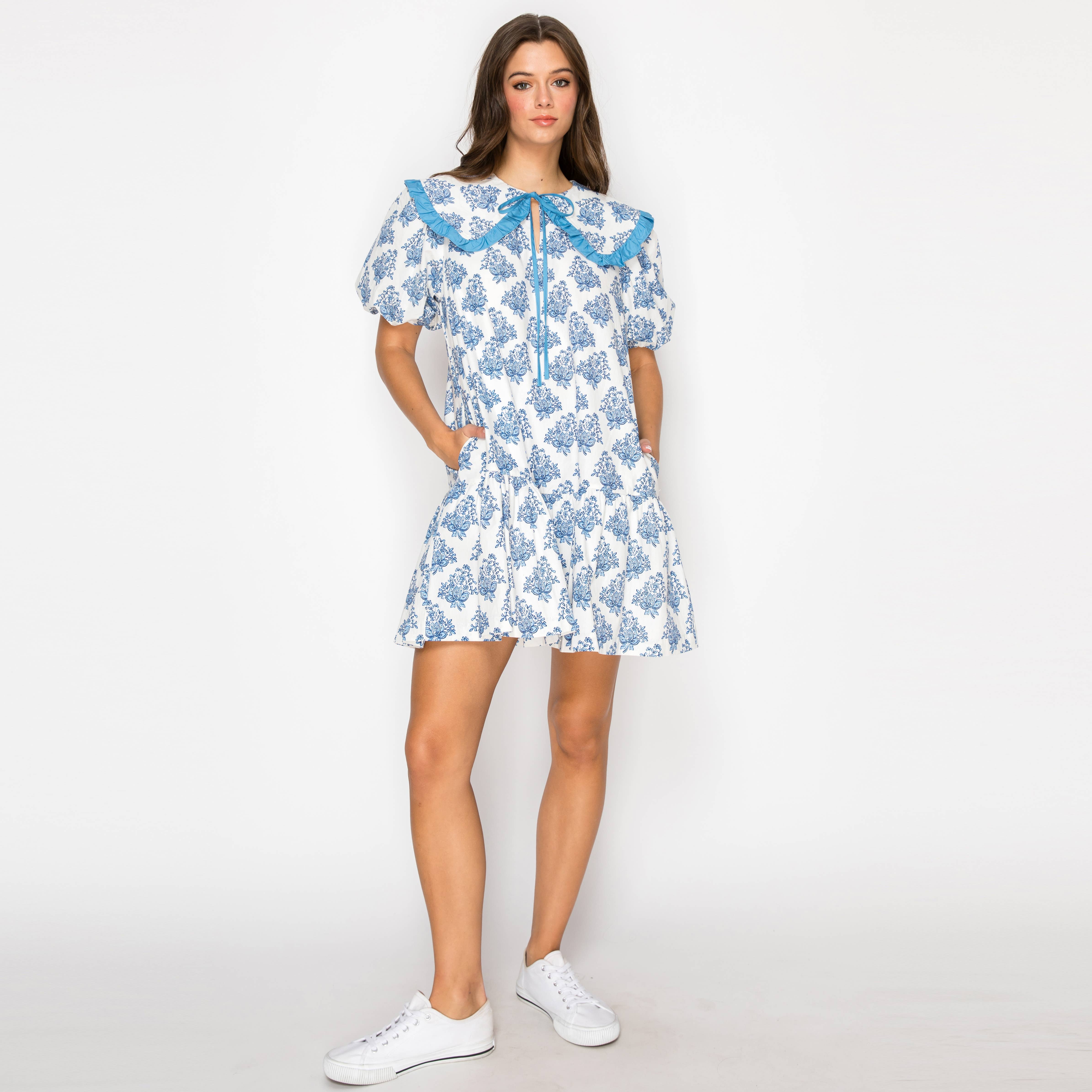 Ajrak Print Cotton Mini Dress With Collar