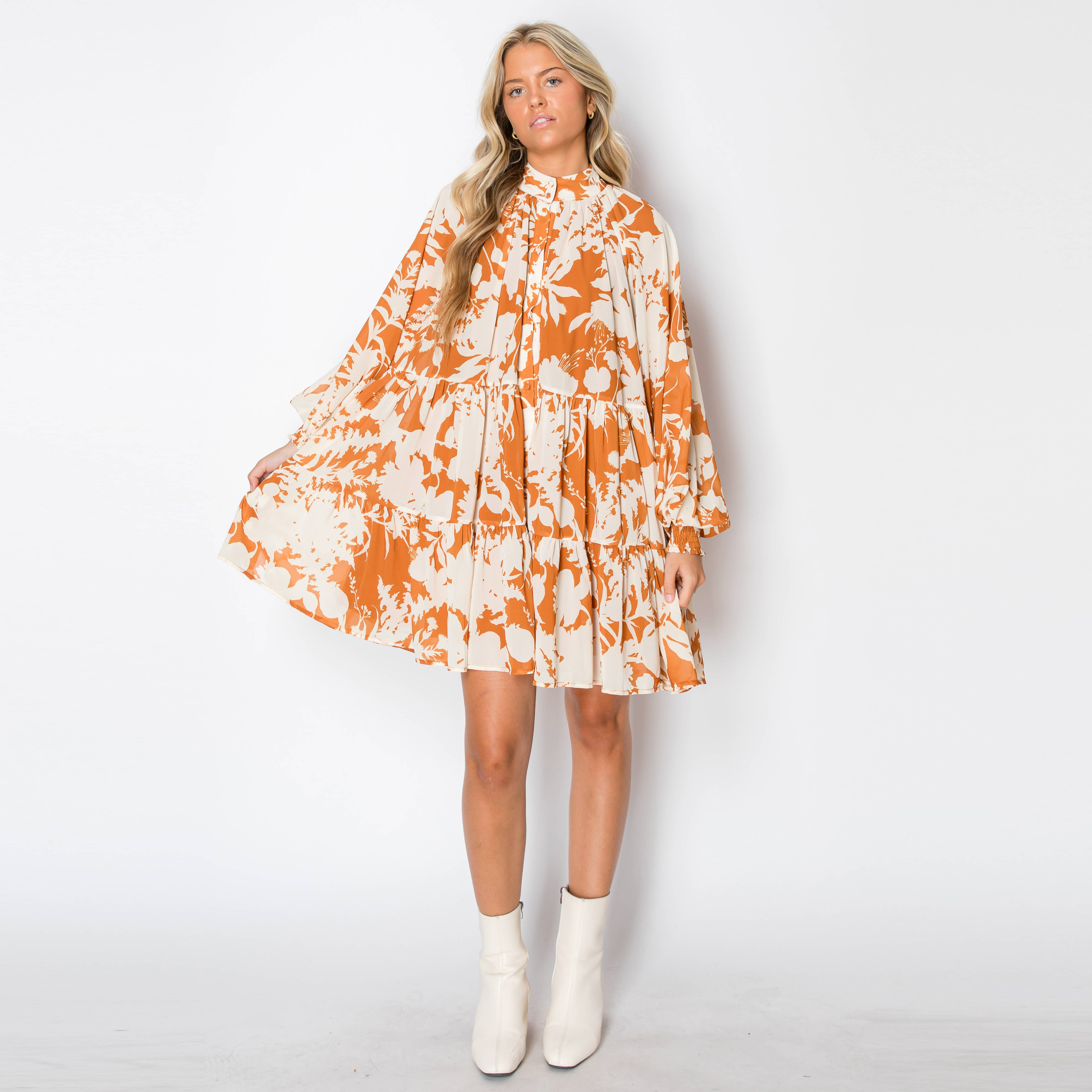 Golden Mustard Floral Print Mini Dress