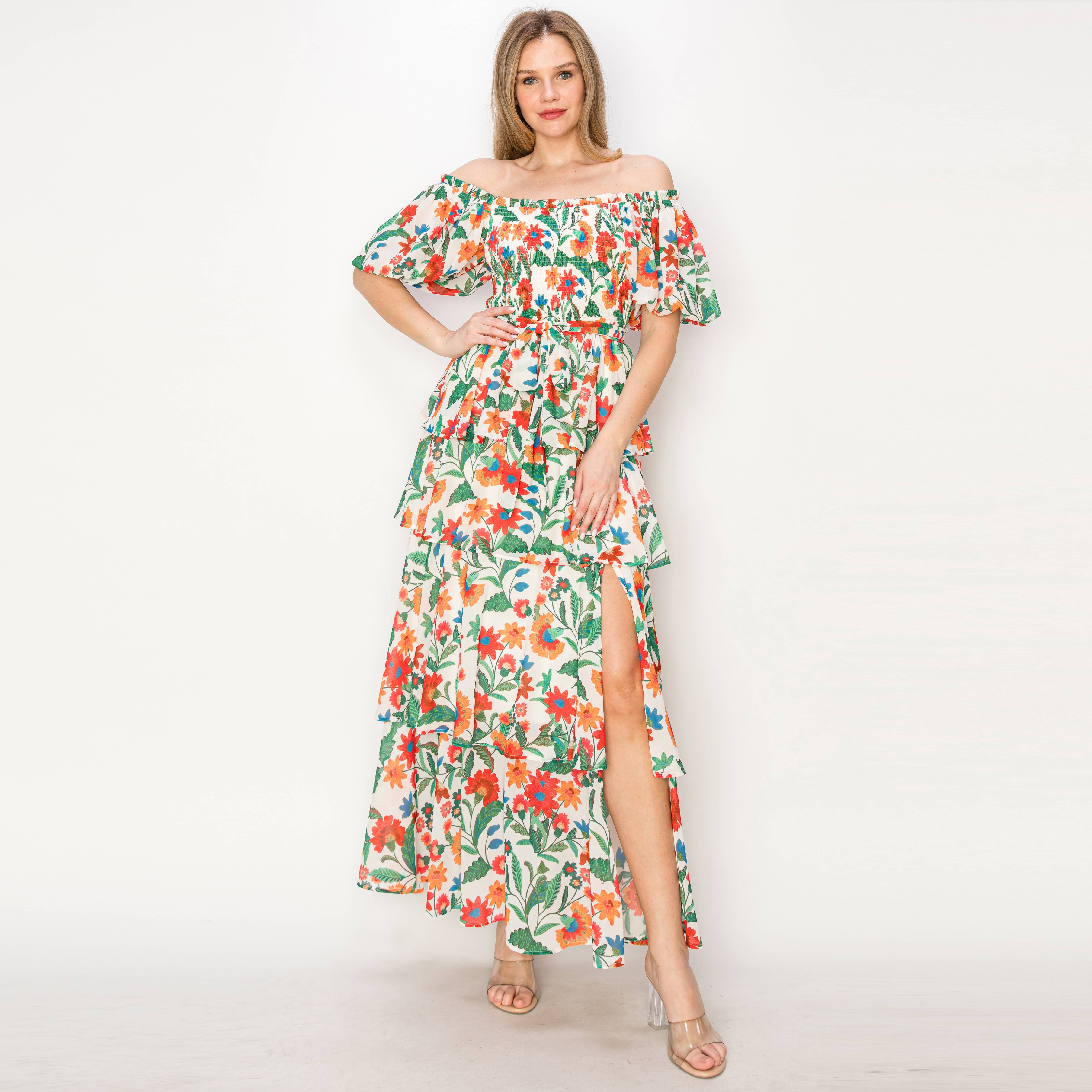 Summer jacobean Print tiered ruffle maxi Dress