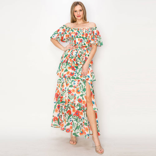 Summer jacobean Print tiered ruffle maxi Dress