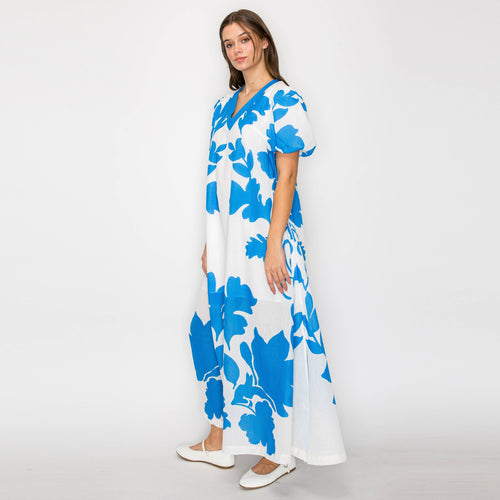 Blue Leaves Placement Print Long Dress