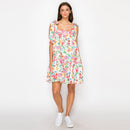 Summer Jacobean Flower Print Mini Dress w/ Pink trim-LWD2905