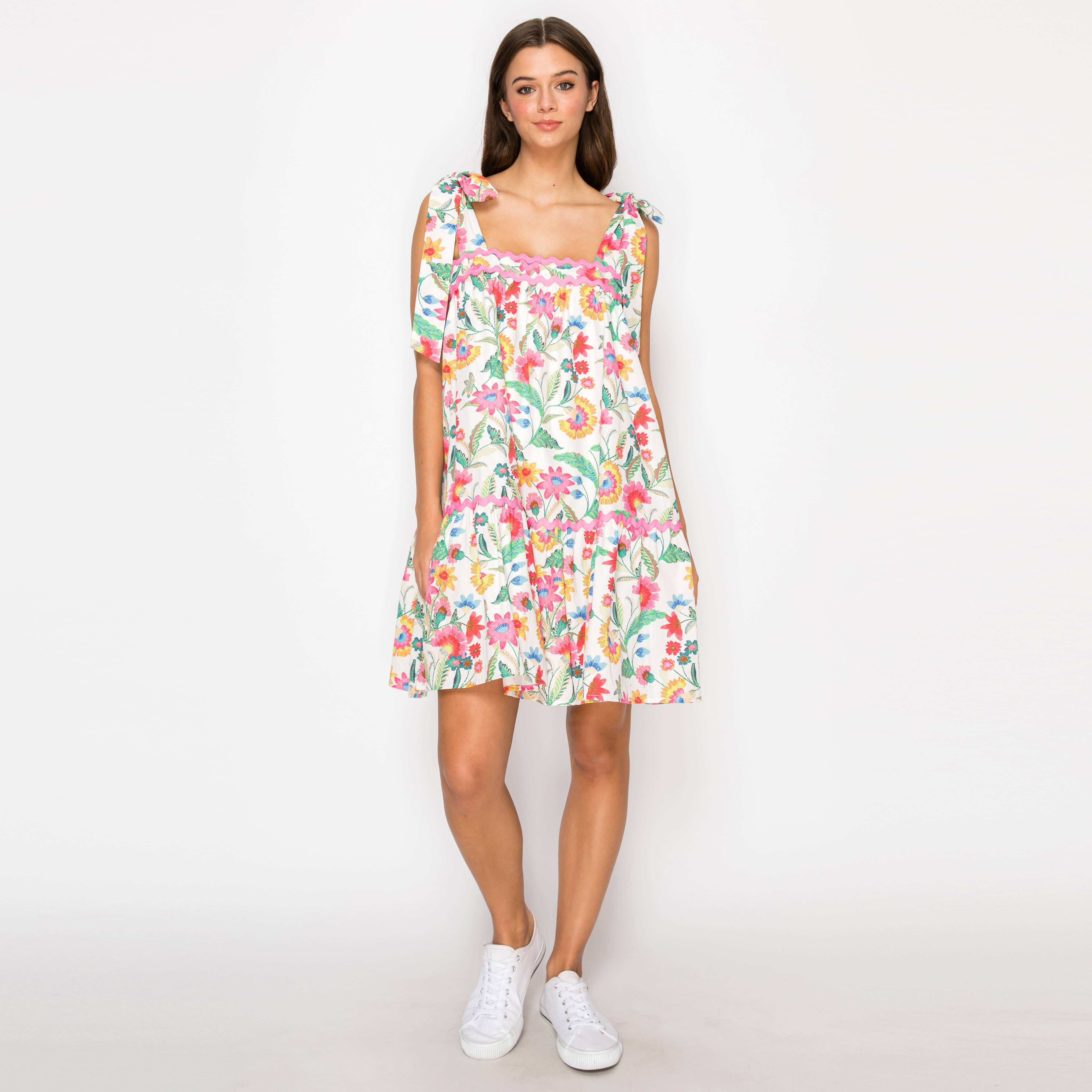 Summer Jacobean Flower Print Mini Dress w/ Pink trim