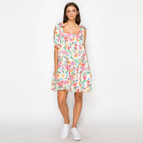 Summer Jacobean Flower Print Mini Dress w/ Pink trim-LWD2905