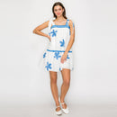Blue Leaves Embroidery Mini Dress with Shoulder Tie- LWD2959