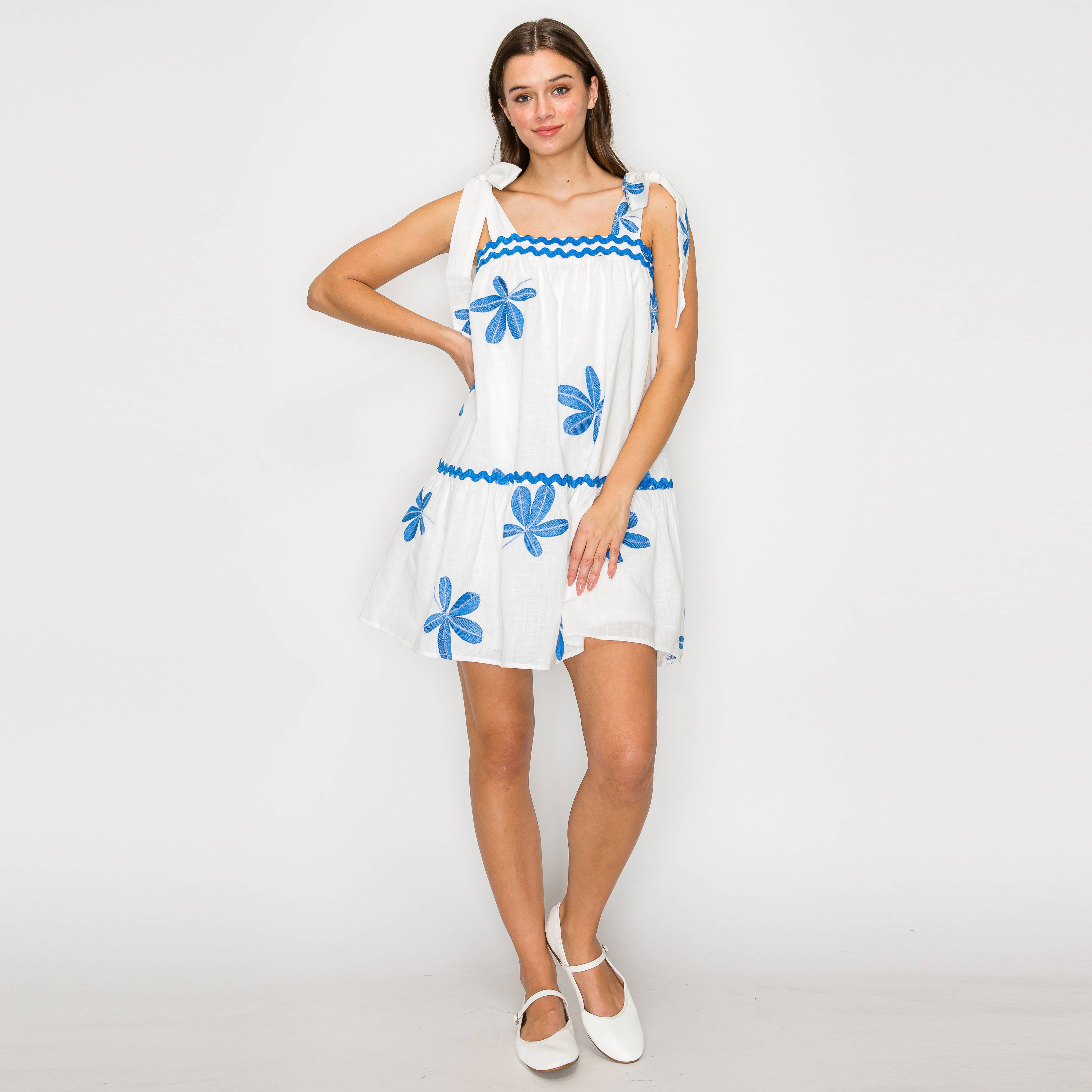 Blue Leaves Embroidery Mini Dress with Shoulder Tie