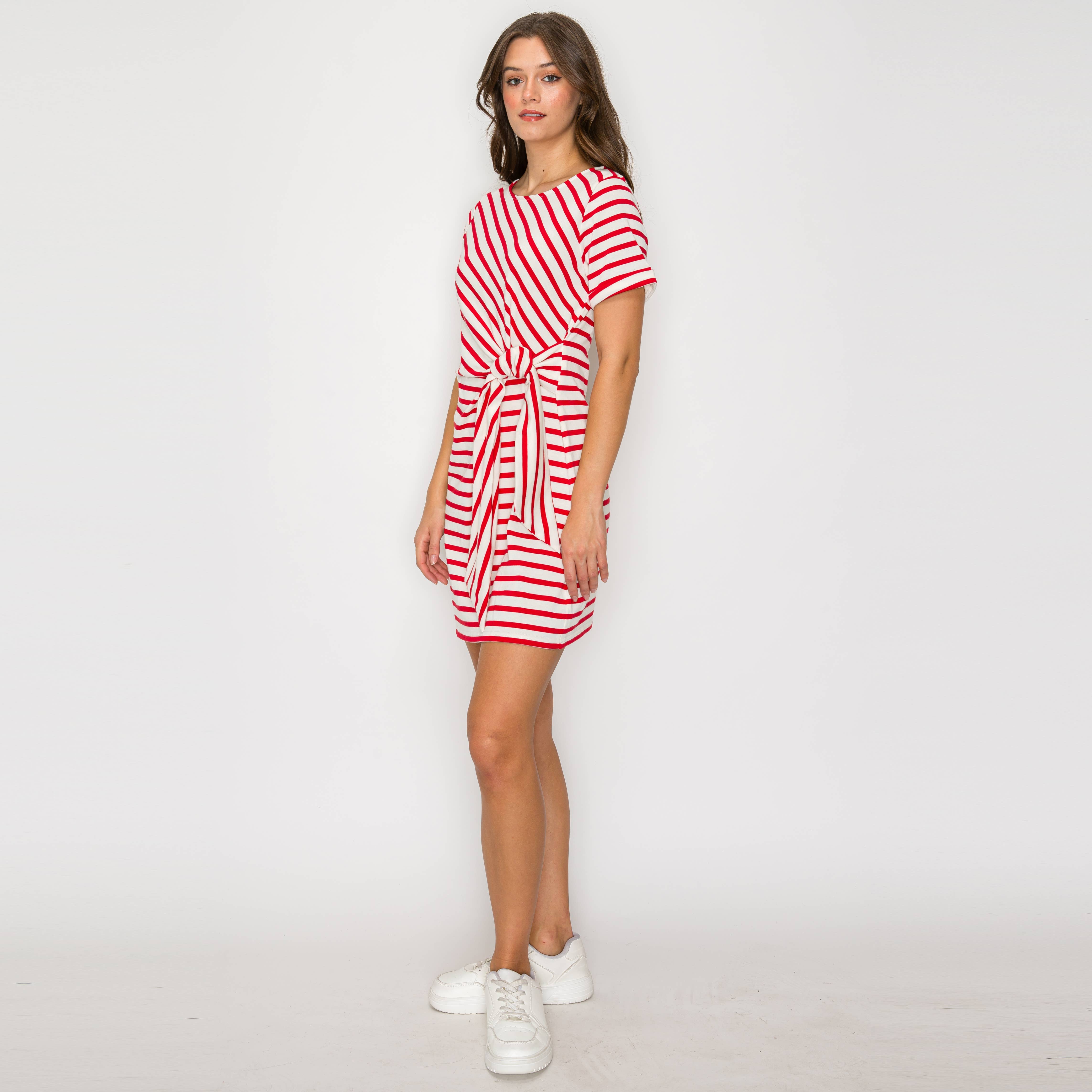 Red Striped Knit Mini Dress with Front Tie