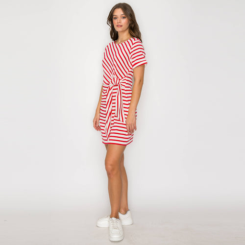 Red Striped Knit Mini Dress with Front Tie
