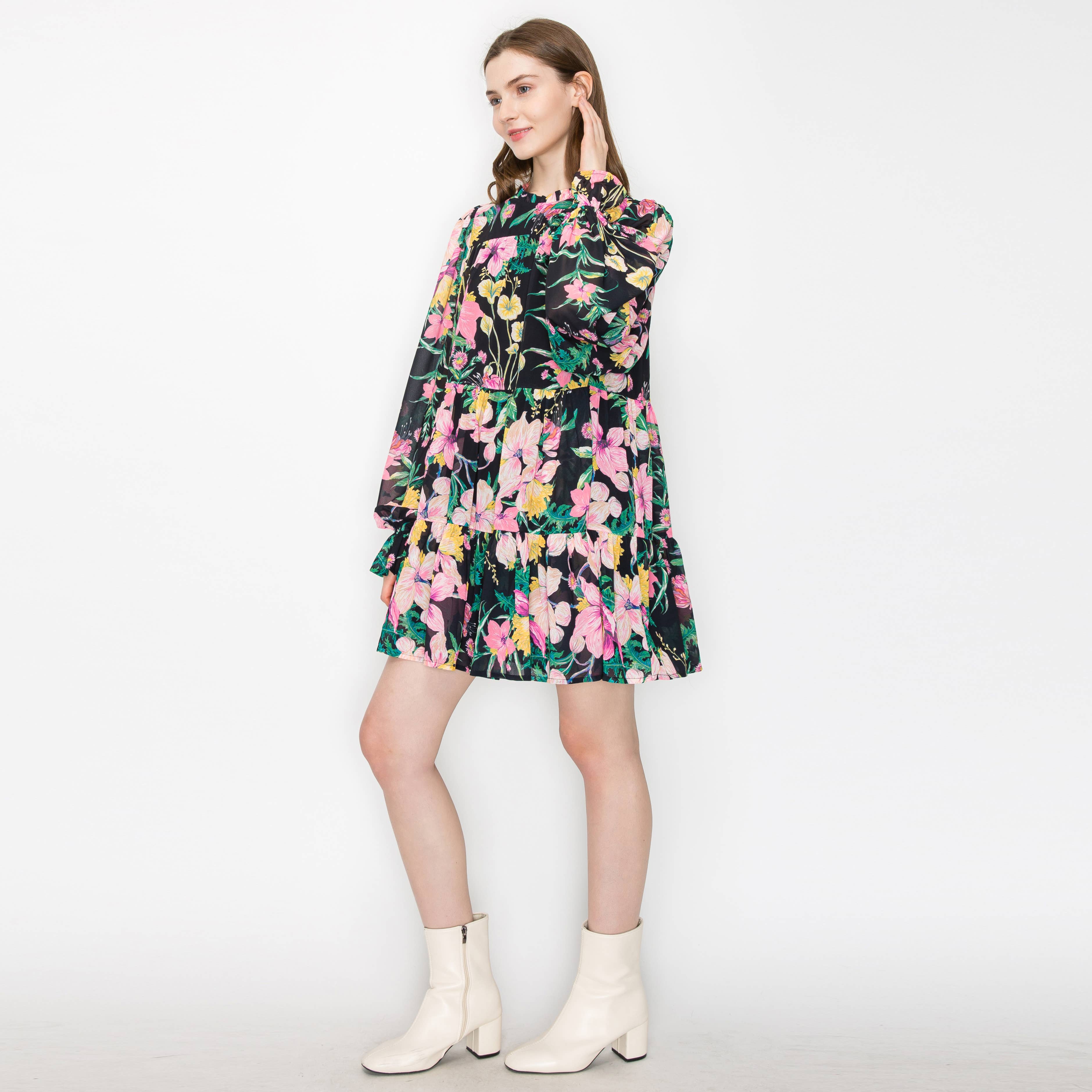 Black wild floral print mini dress