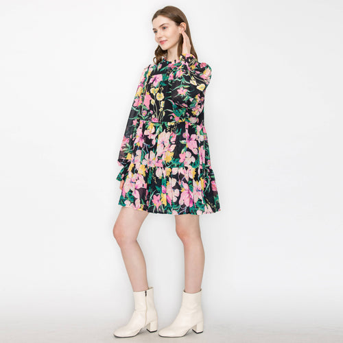 Black wild floral print mini dress
