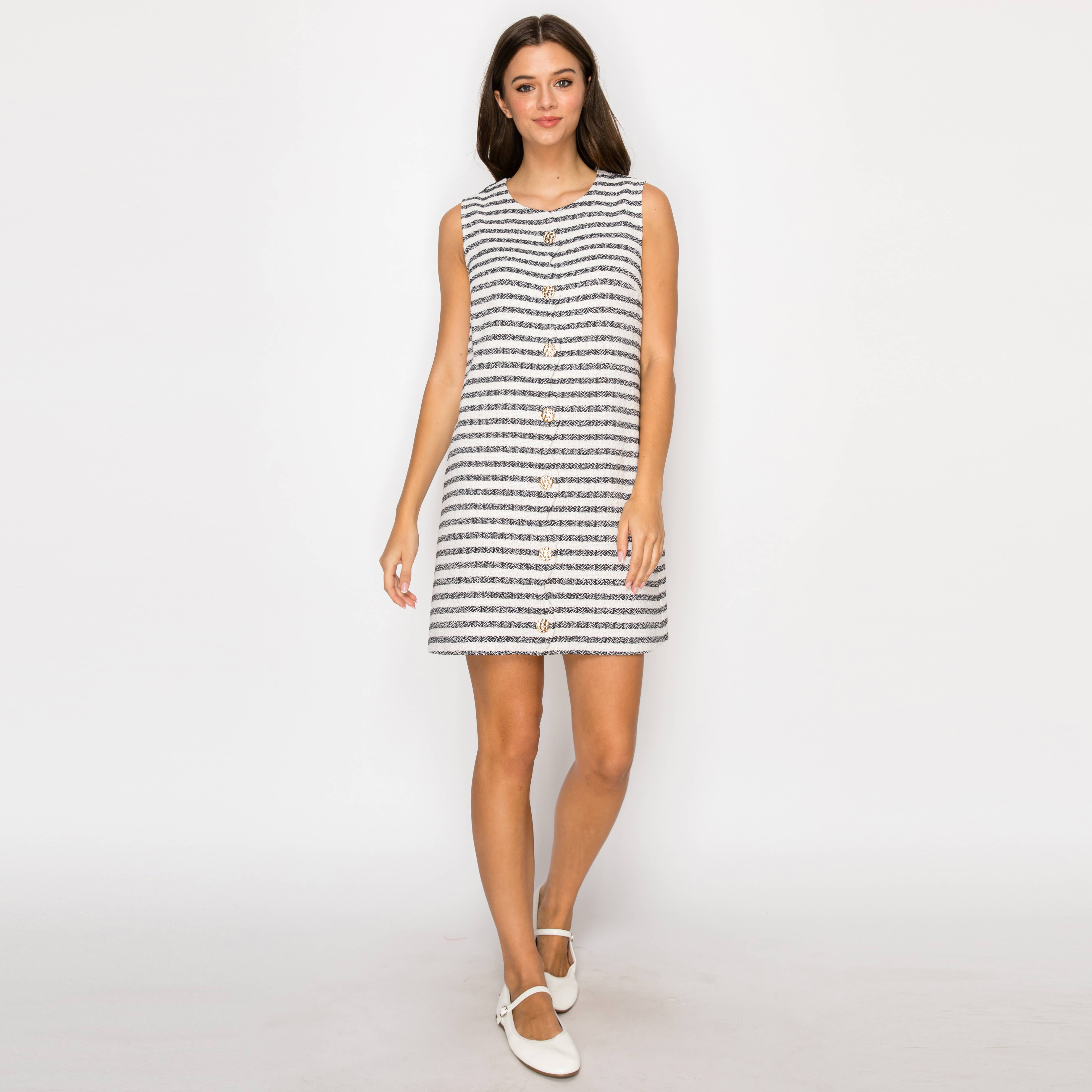 Black & White Stripe French Boucle Shift Mini Dress