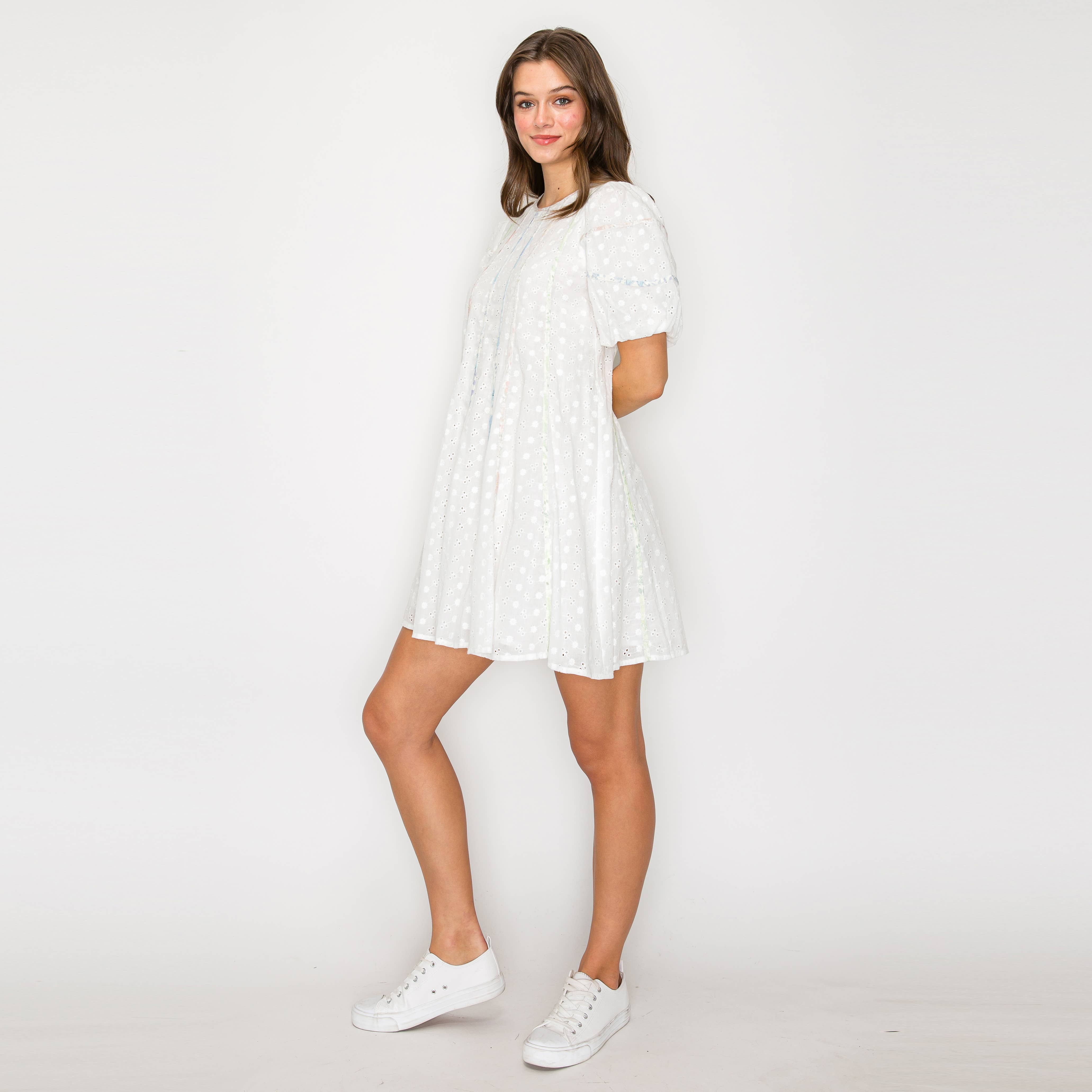 White Daisy Cotton Eyelet Mini Dress With Binding