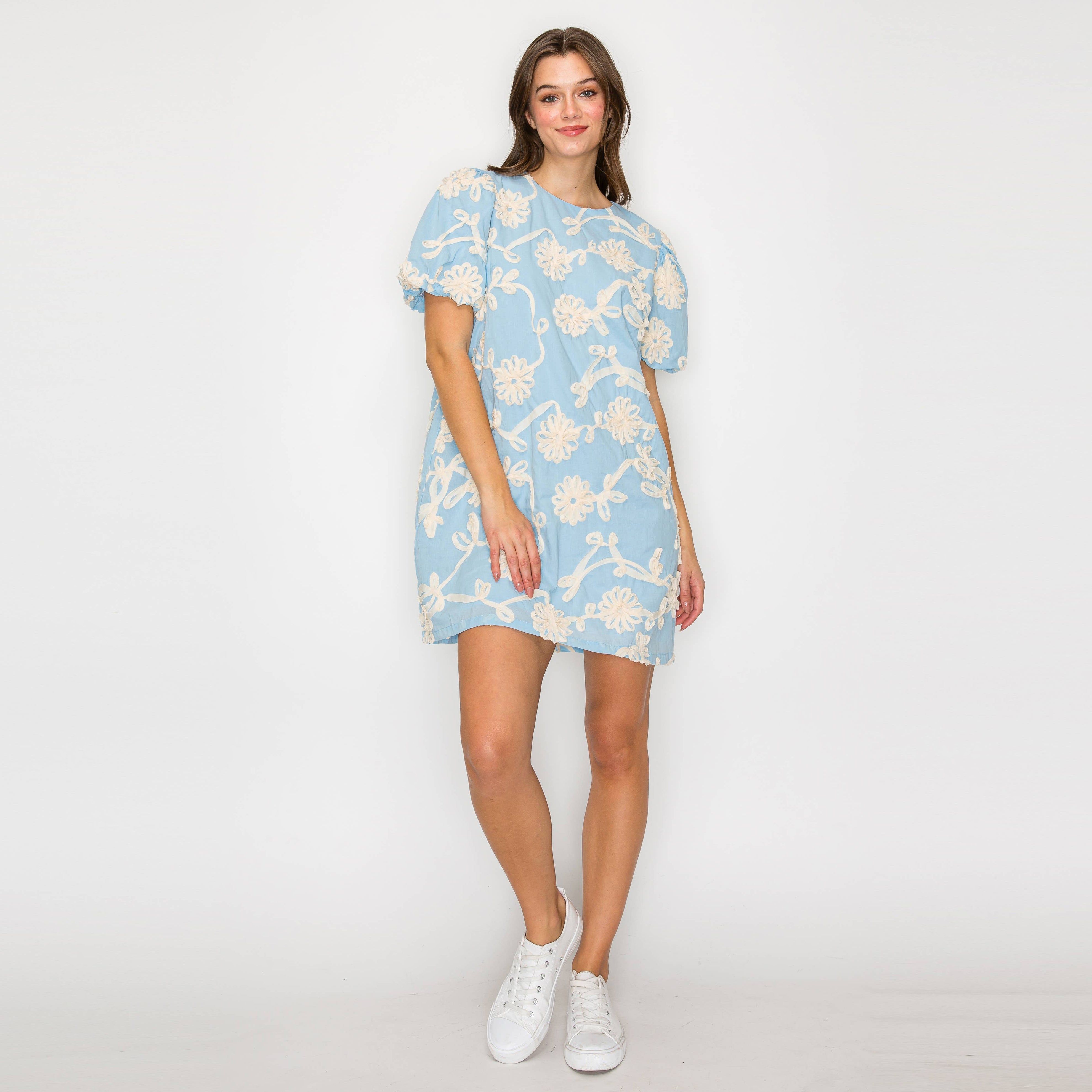 Baby Blue with White Rosette Detail Mini Dress