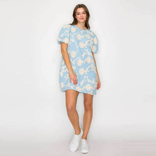 Baby Blue with White Rosette Detail Mini Dress