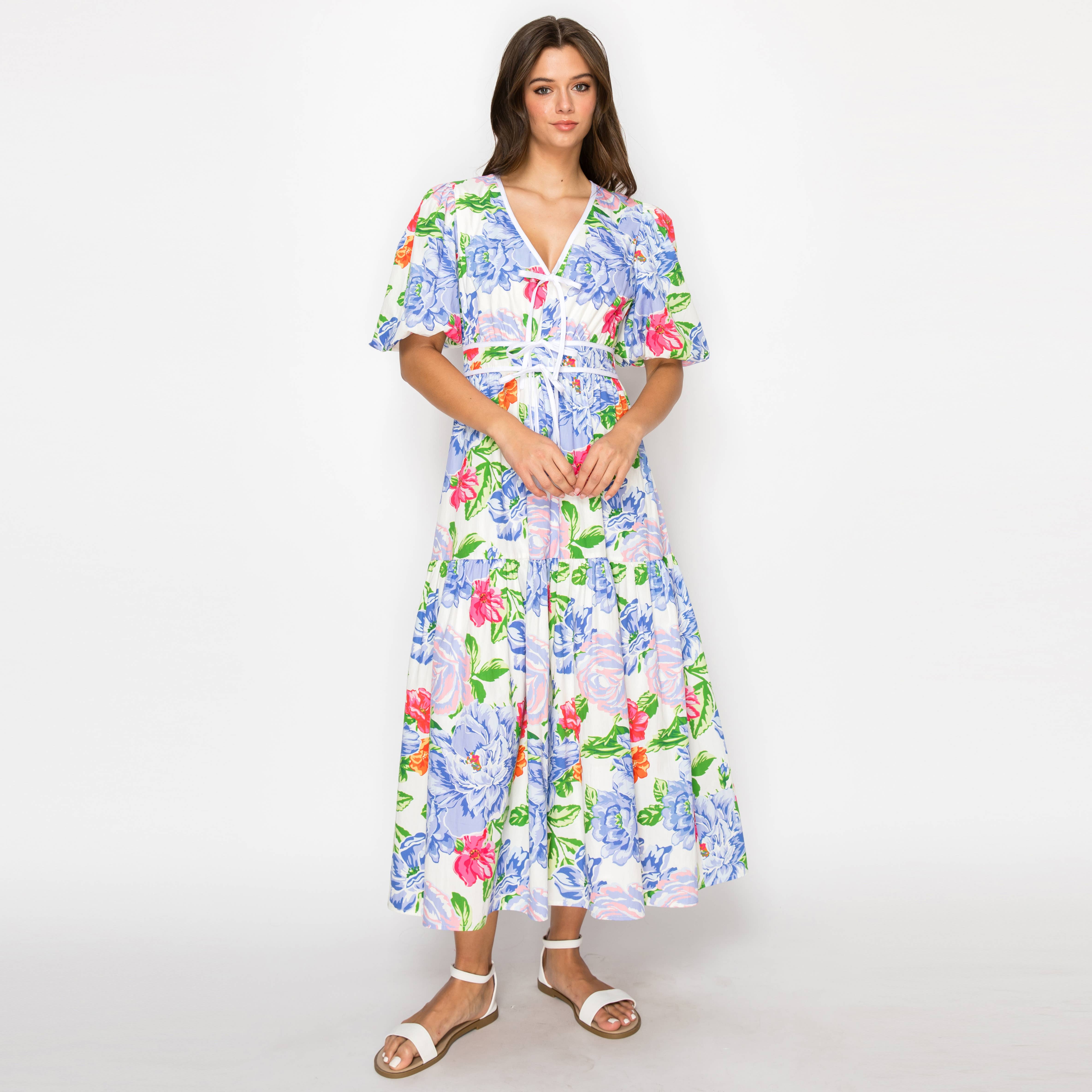 Blooming flowers Print Midi Dress With White Binding