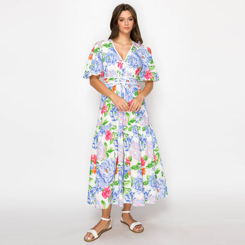 Blooming flowers Print Midi Dress With White Binding-LWD2894