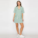 Green & White Stripe French Boucle Shirts Mini Dress-LWD2868