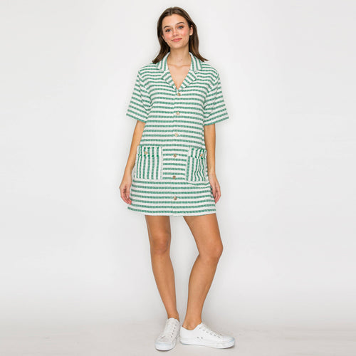 Green & White Stripe French Boucle Shirts Mini Dress-LWD2868