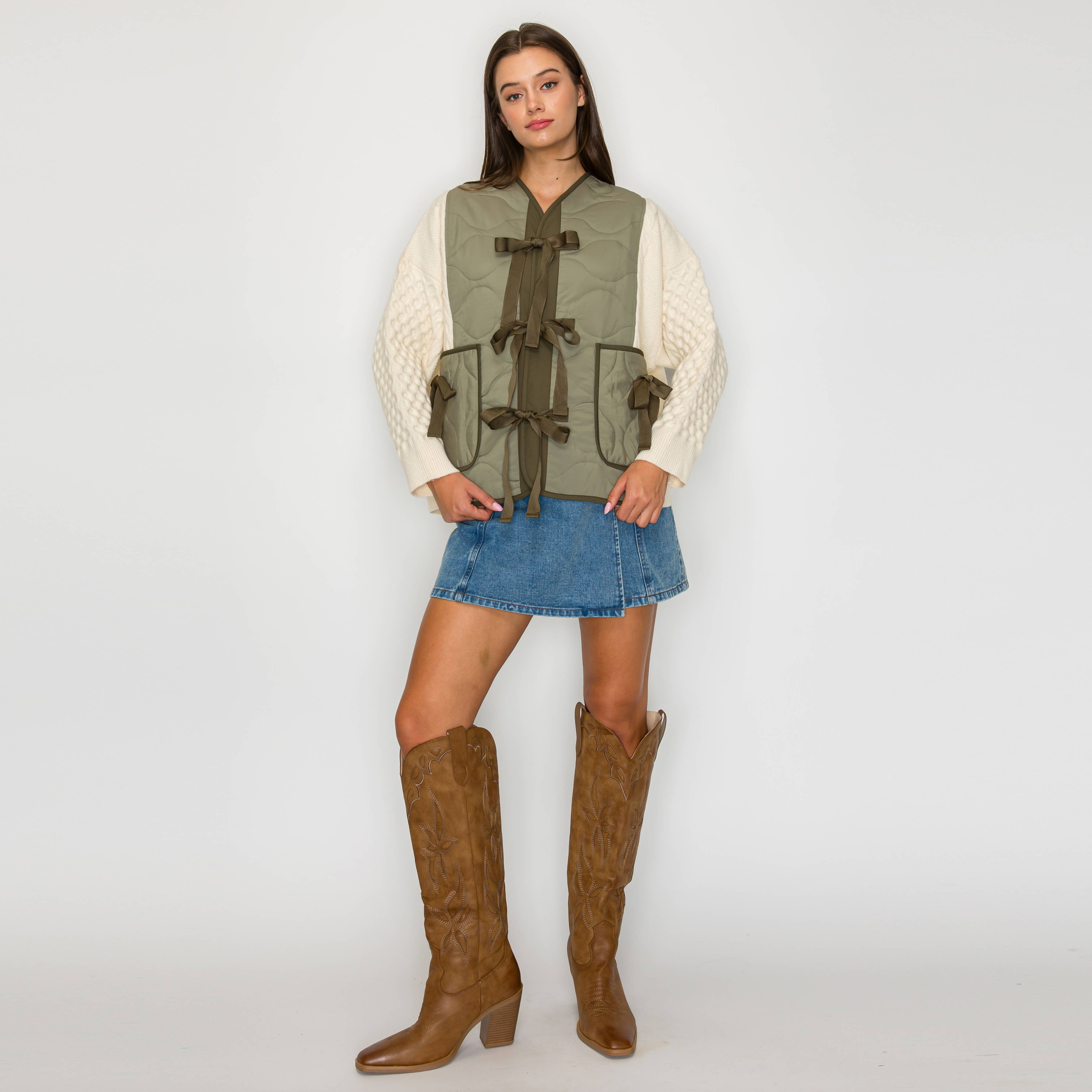 Olive Charm Quilted Bow-Tie Jacket