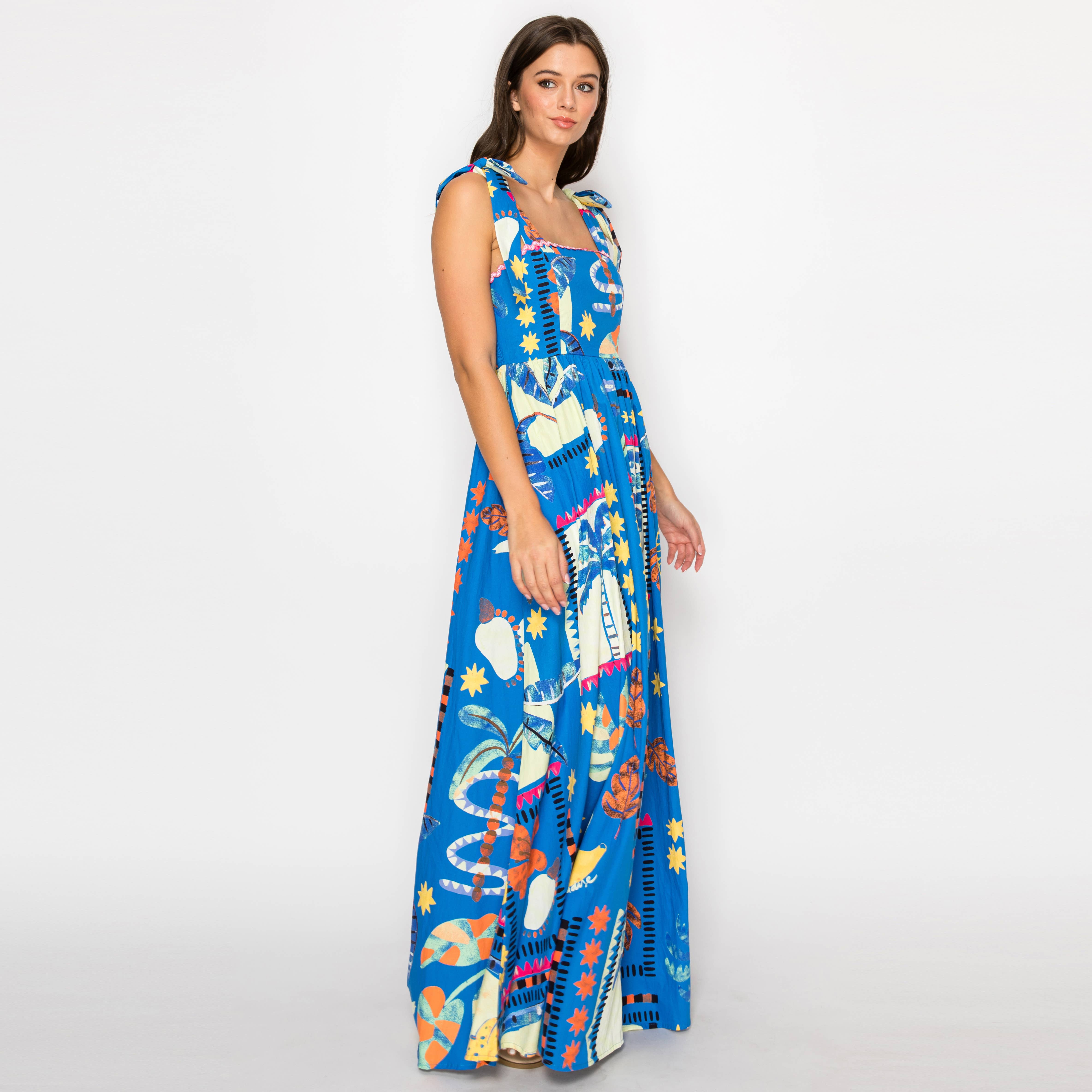 New Retro Blue Tropical Maxi Dress