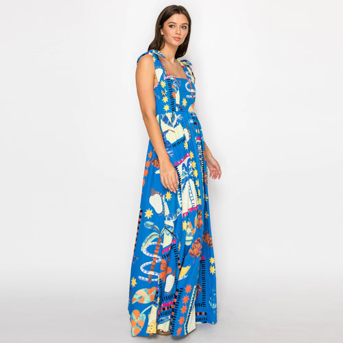 New Retro Blue Tropical Maxi Dress
