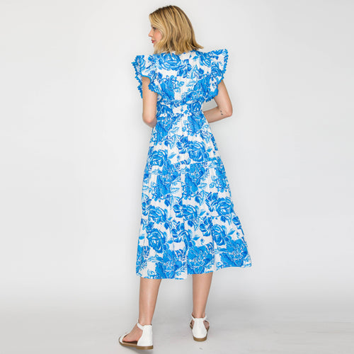 Summer Blue Flower Print Cotton Midi Dress