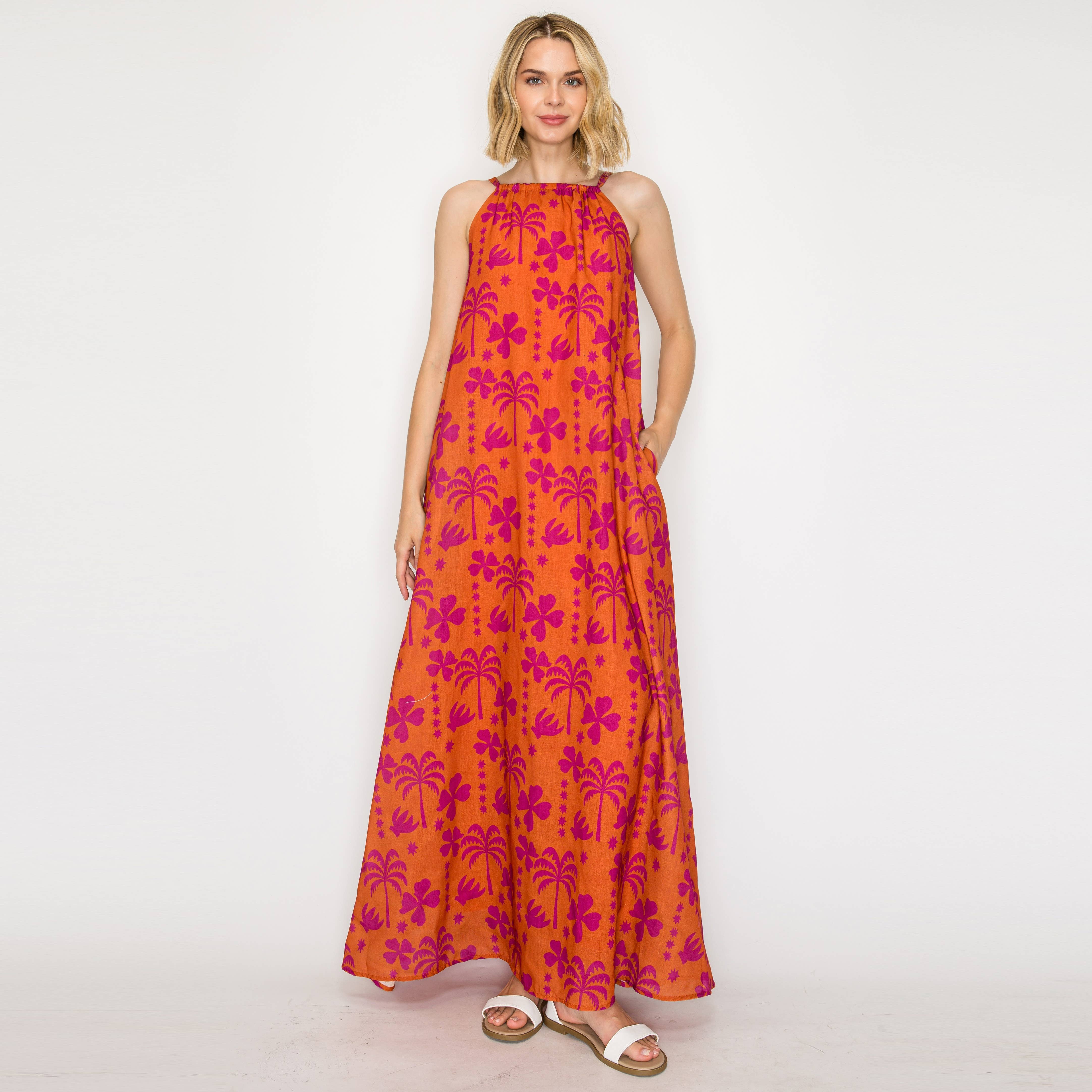 Hot Summer Orange Palm Tree Halter Maxi Dress
