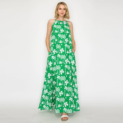Hot Summer Green Palm Tree Halter Maxi Dress