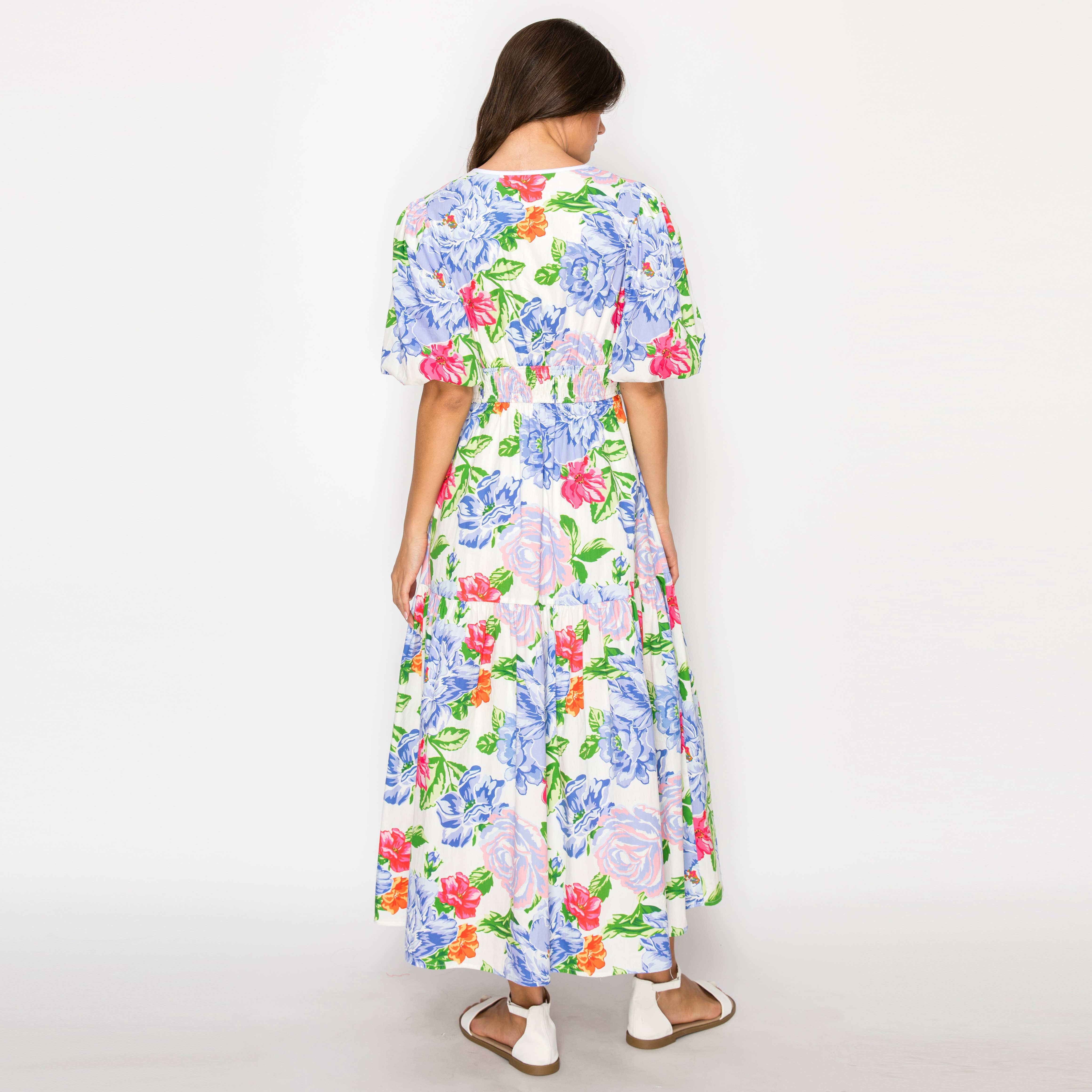 Blooming flowers Print Midi Dress With White Binding-LWD2894