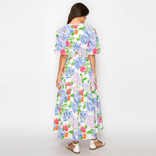 Blooming flowers Print Midi Dress With White Binding-LWD2894