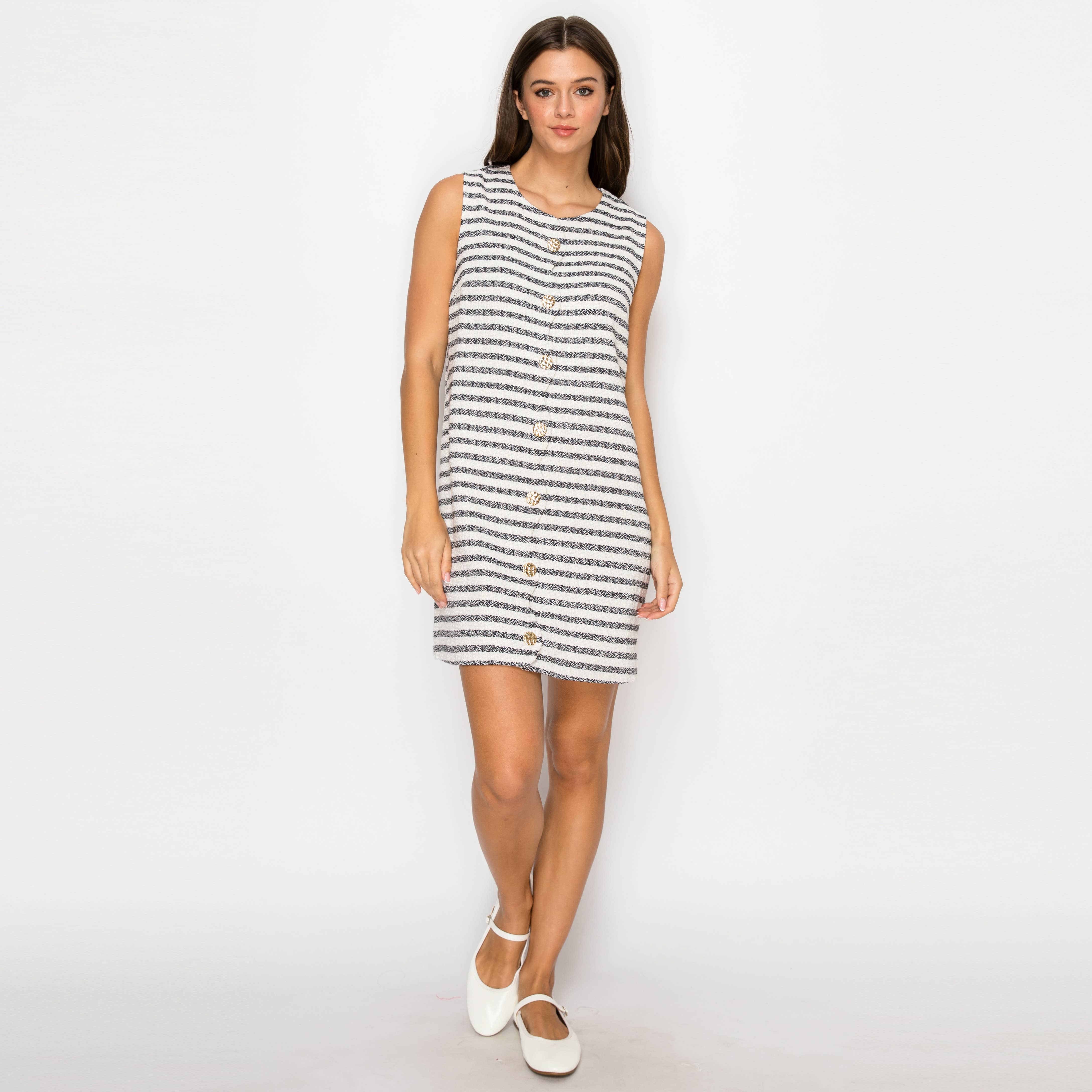 Black & White Stripe French Boucle Shift Mini Dress- LWD3017