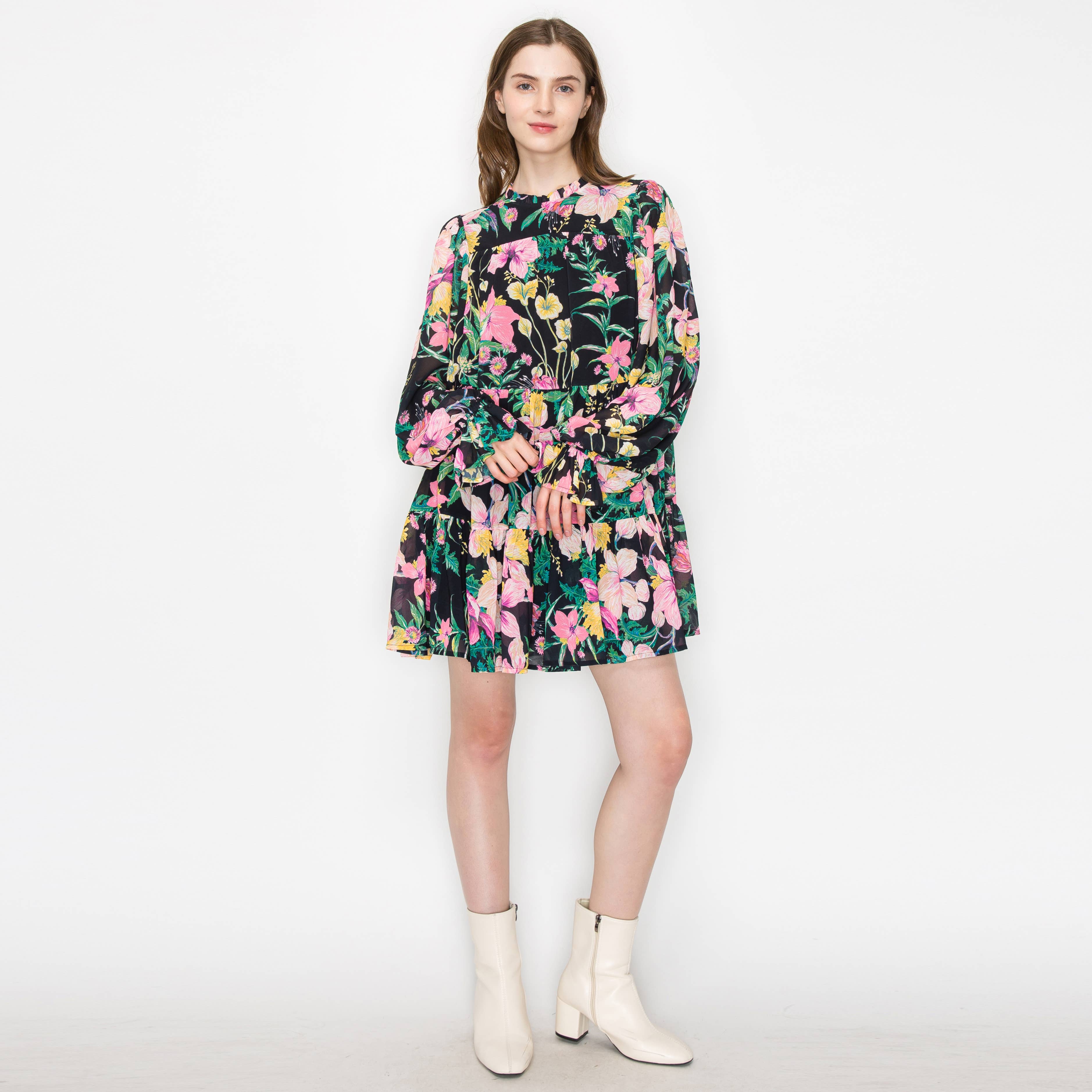Black wild floral print mini dress