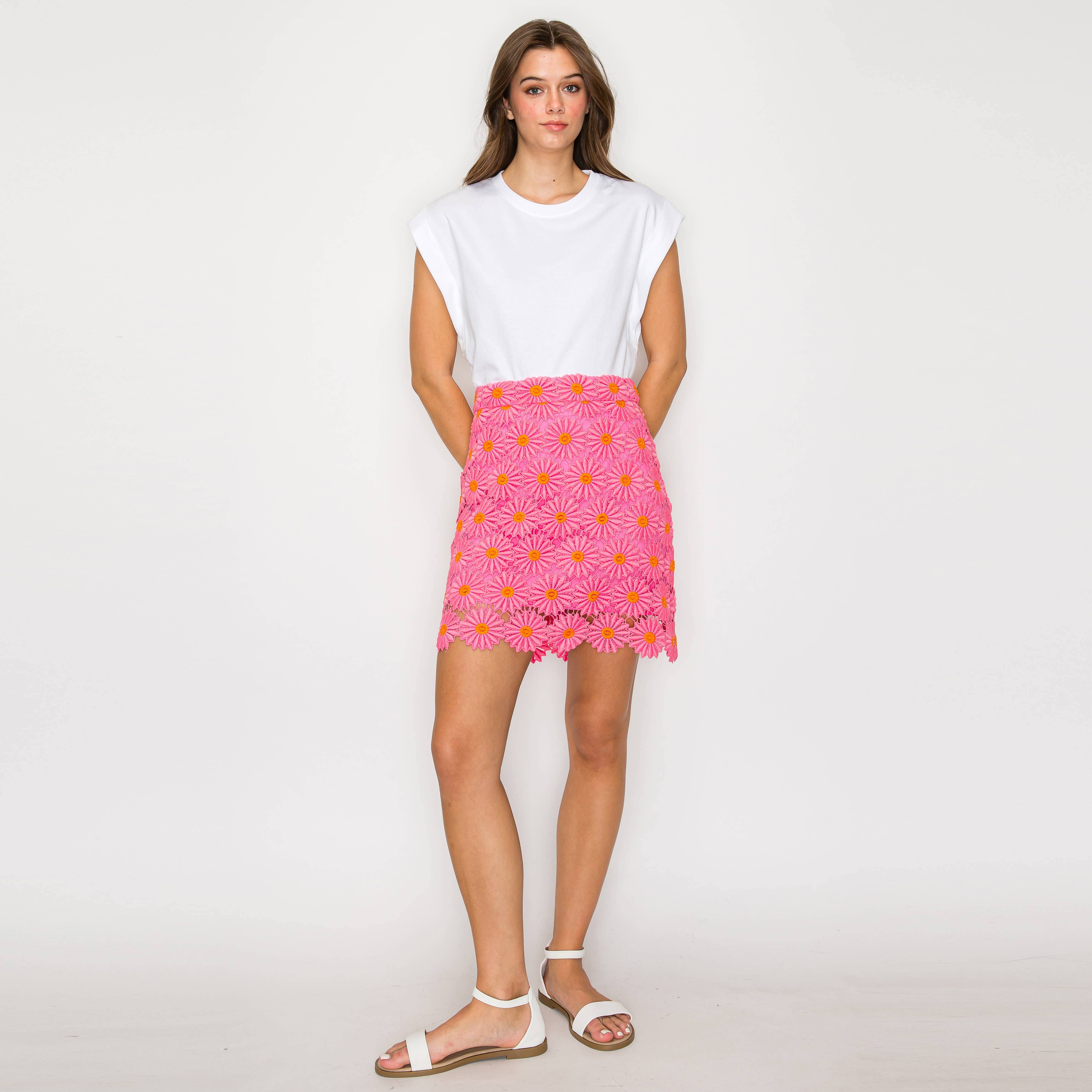 Pink Daisy Lace Mini Skirt