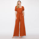 Stripe jumpsuit with puff sleeves