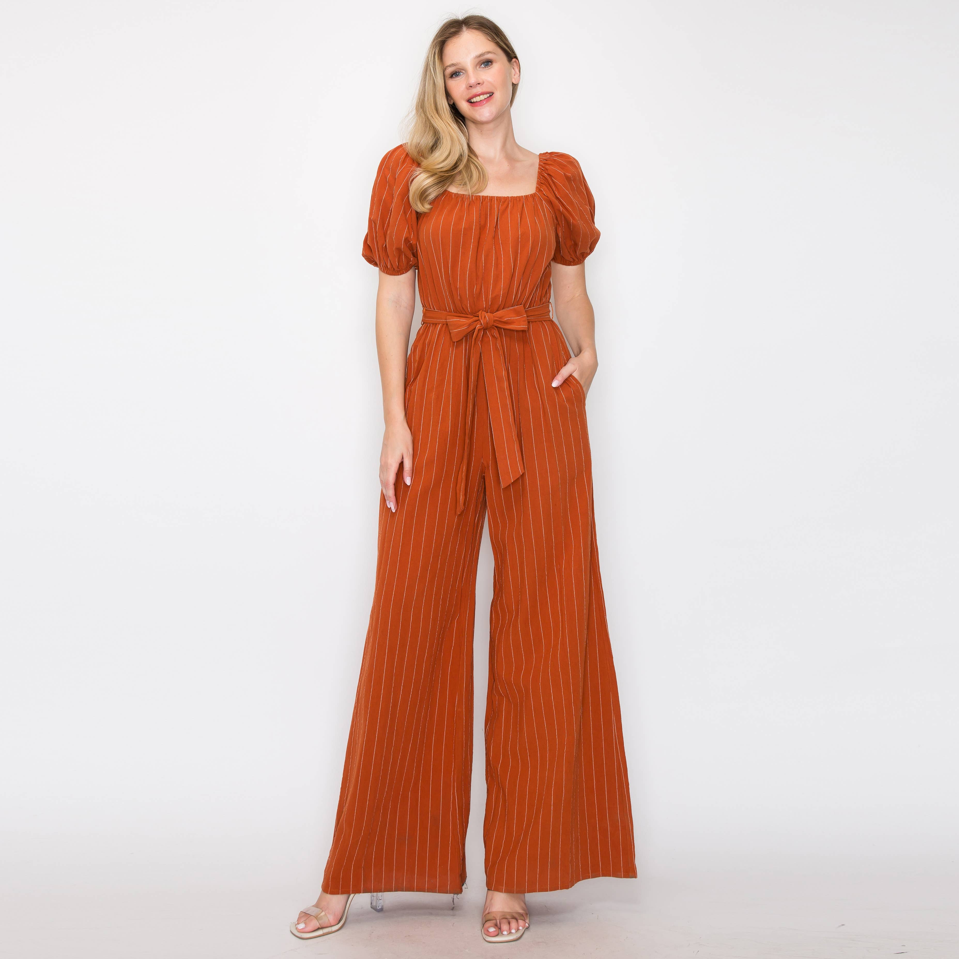 Stripe jumpsuit with puff sleeves