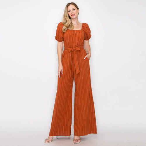 Stripe jumpsuit with puff sleeves