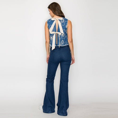 Jacquard Pattern Embroidery Top with Bow tie