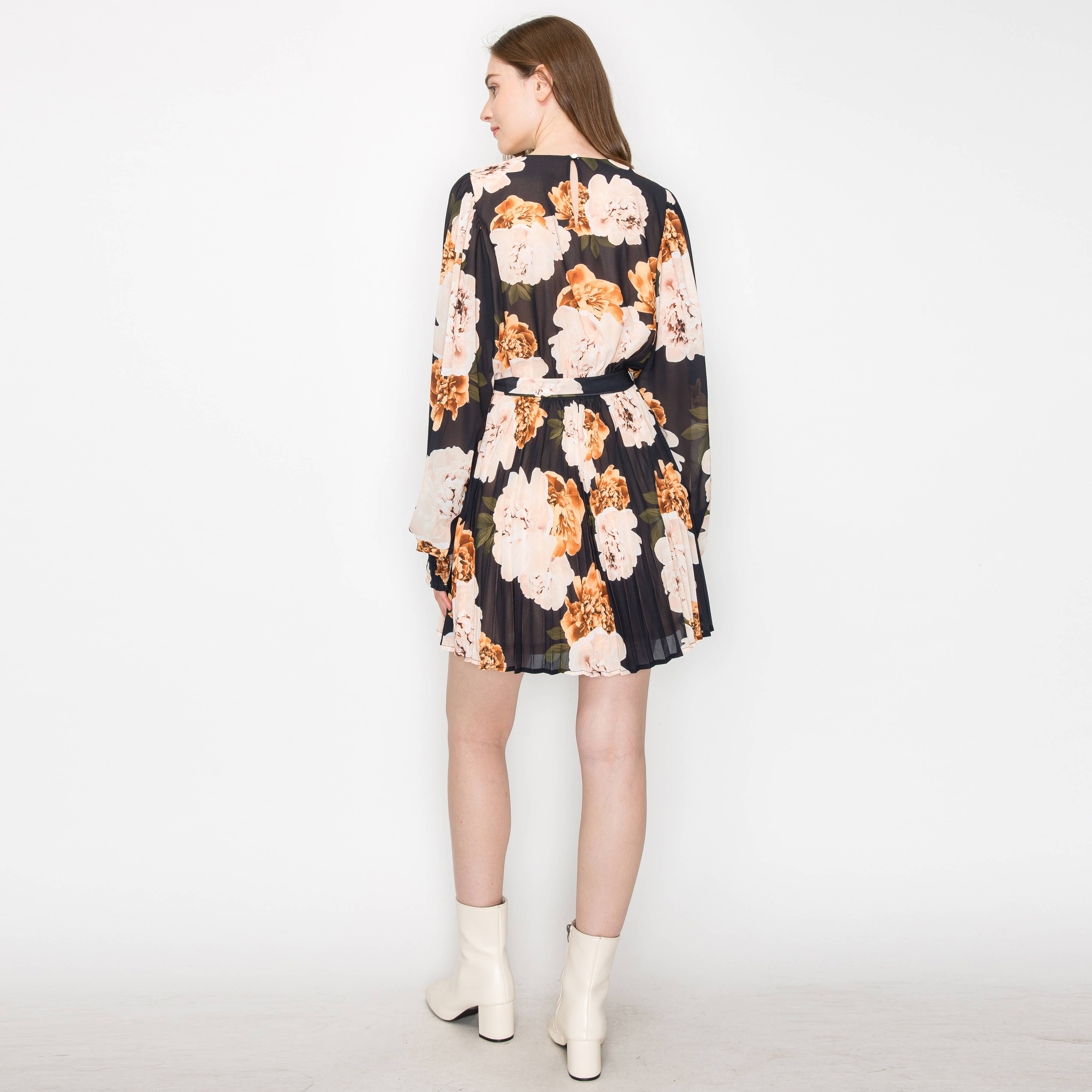 Black floral print mini dress
