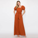 Stripe jumpsuit with puff sleeves