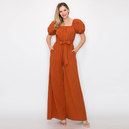 Stripe jumpsuit with puff sleeves