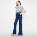 Print linen top with double ruffle sleeves