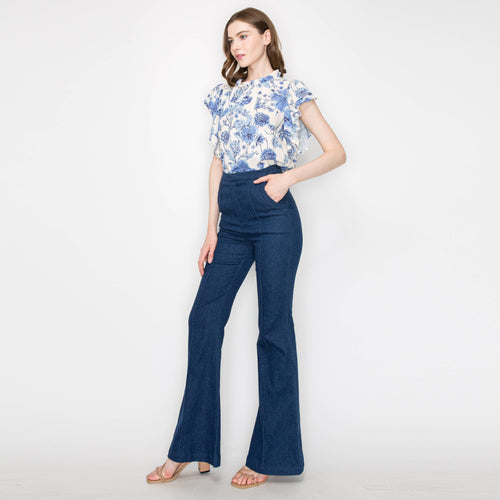 Print linen top with double ruffle sleeves