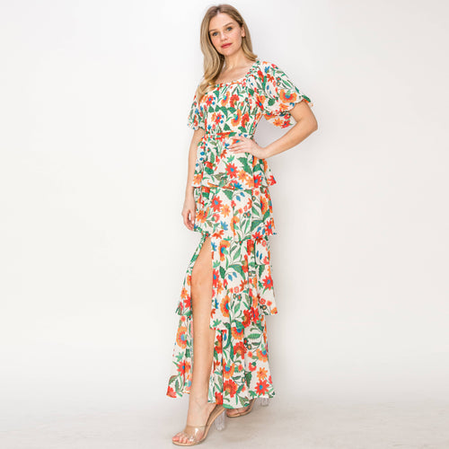 Summer jacobean Print tiered ruffle maxi Dress
